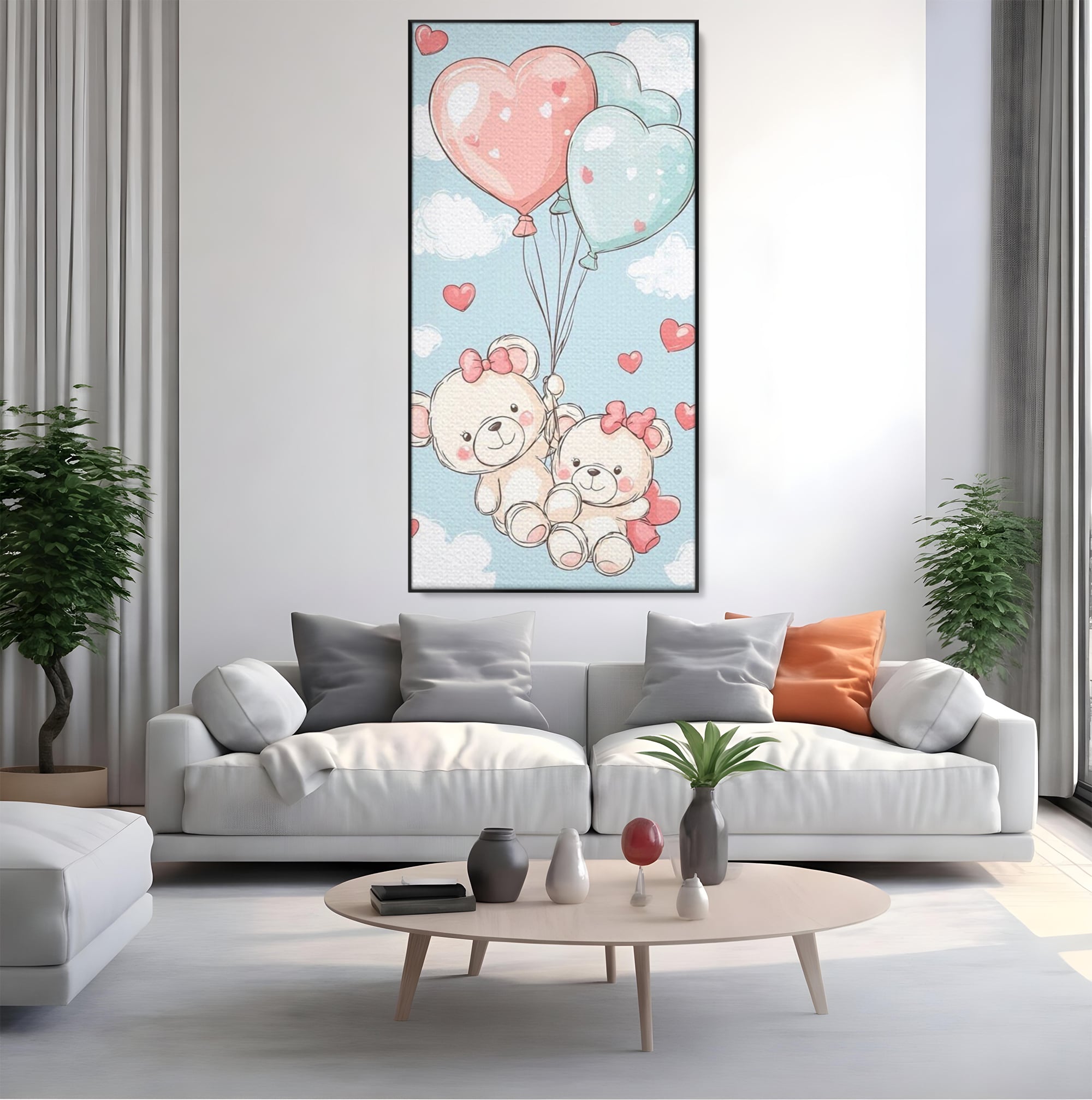 Tablou canvas cu ilustratie cu ursuleti zburand cu baloane, in rama de aluminiu negru, pe perete intr-un living